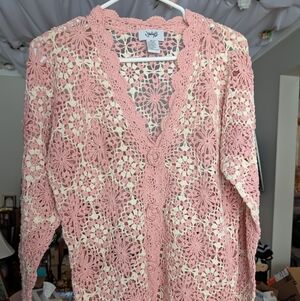 Pink and Cream Crochet Women Sweater
